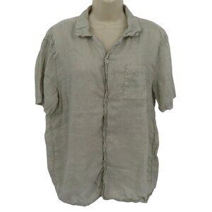 Mida Women Large Gray Beige Greige All Linen Collar Button Shirt Short Sleeve